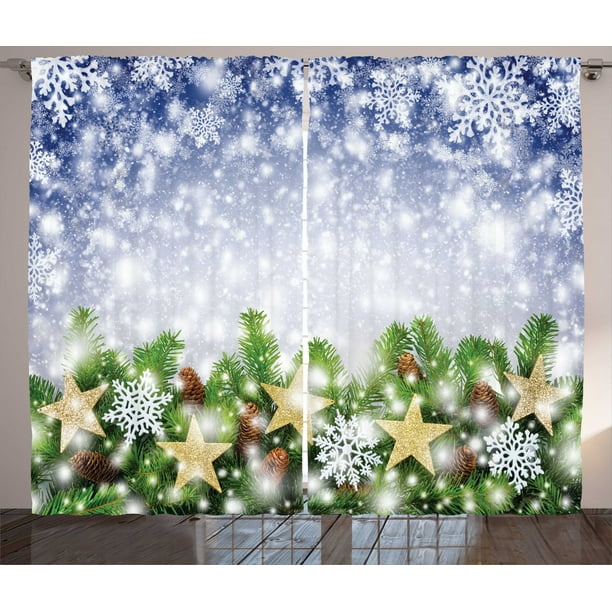 Christmas Curtains 2 Panels Set, Snow Time with Falling Flakes and