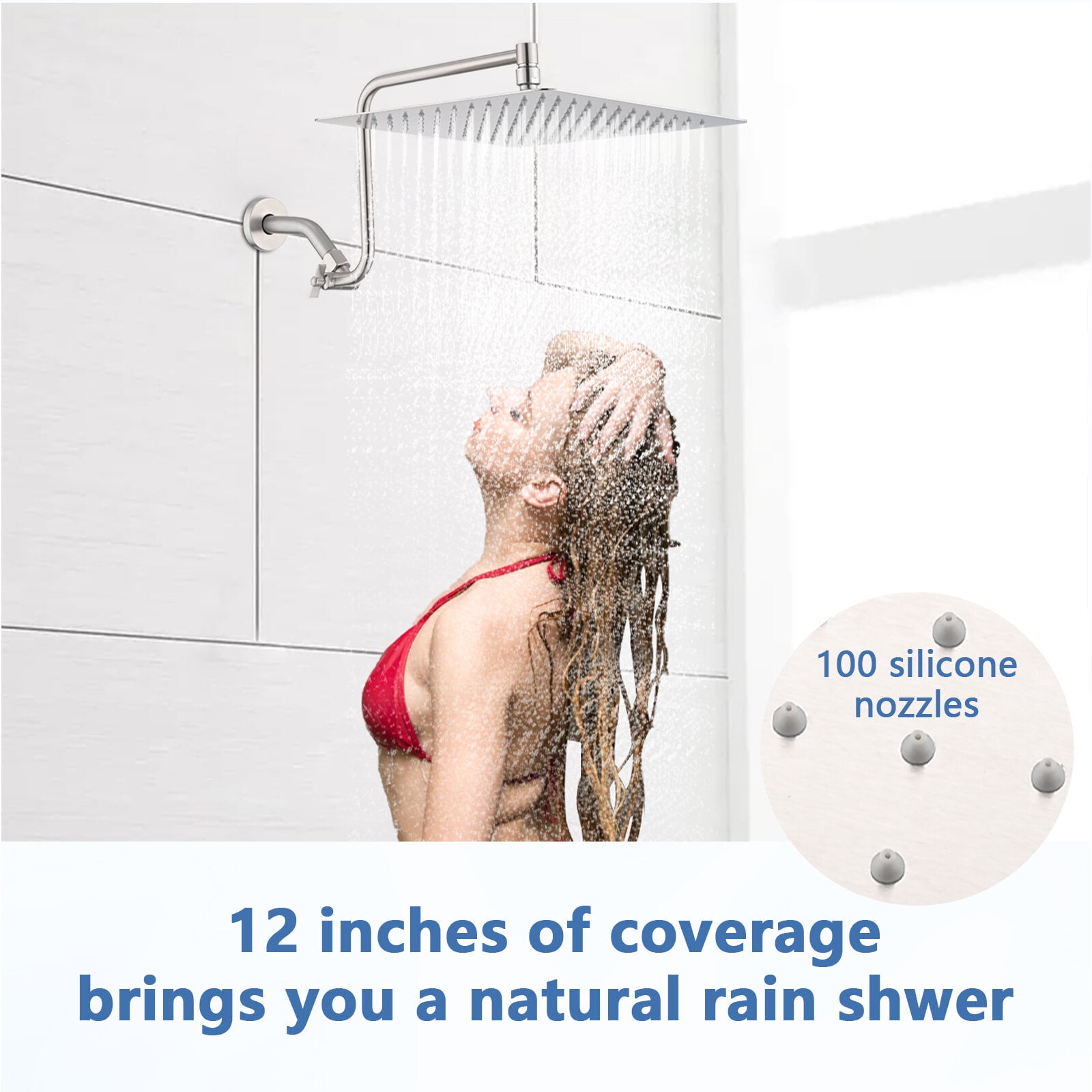Freestanding Bathtub Faucet, 12 inch Adjustable Extension Arm High-pressure Rain Shower Head, Rain Fixed Shower Head, Brushed Nickel Freestanding Tub Filler,Stainless Steel Standalone Tub Faucet