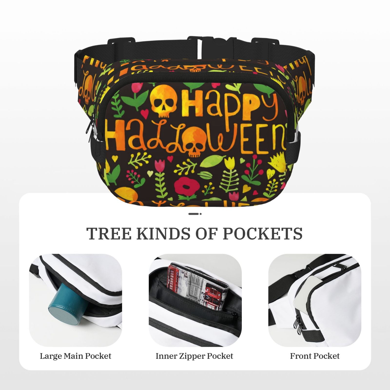 Picia Happy Halloween Floral Print Square Double-Layer Waist Bag Mini Adjustable Waist Belt Bag Exercise Running Travel Hiking