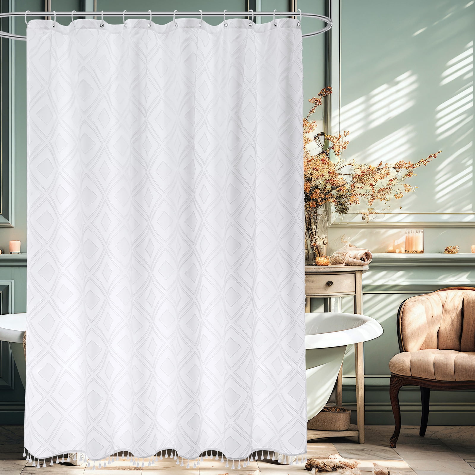Inosoo White Boho Fabric Shower Curtain with Tassels, 72"x 72" Soft Tufted Chevron Striped Shower Curtain for Bathroom, Water-repellent