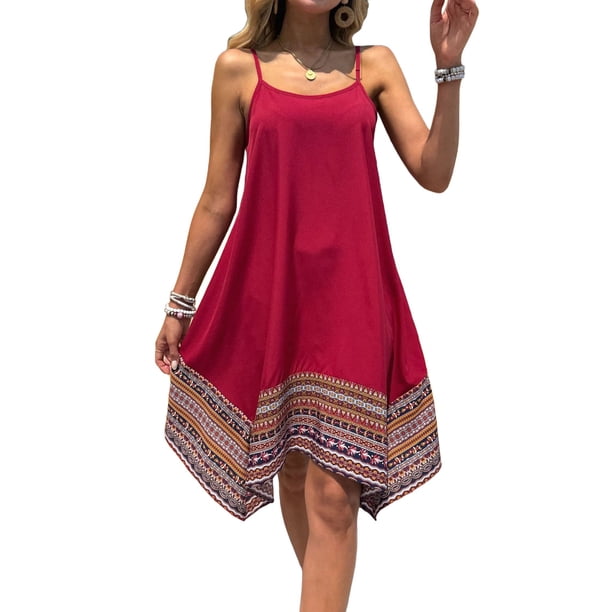Vestido Bohemio con Bloques de Color para Mujer, Estilo Hawaiano, con Tirantes Finos y Vuelo. Rojo S