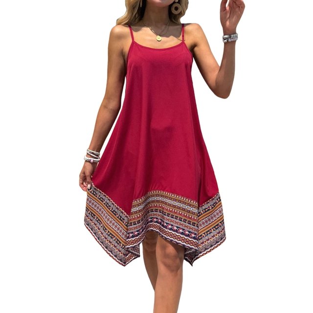 Vestido Bohemio con Bloques de Color para Mujer, Estilo Hawaiano, con Tirantes Finos y Vuelo. Rojo M