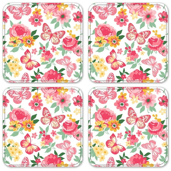 Vinyl Drink Coasters - Set of 4 - Pink & Yellow Butterflies