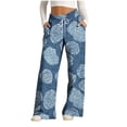 thumbnail image 2 of Maqroz Wide Leg Pants Women Plus Size Summer Floral Print Loose Flowy Lounge Trousers with Pockets Stretchy Drawsting Elastic Waisted Faux Denim Pants Causal Bottoms Sleep Pants Outdoor Navy M, 2 of 6