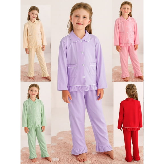 Usaibhir Infant Toddler Kids Baby Girl Solid Pjs Long Sleeve Button Shirt Top Pants Loungewear 2Piece Cotton Pajamas Set 1-5 Years