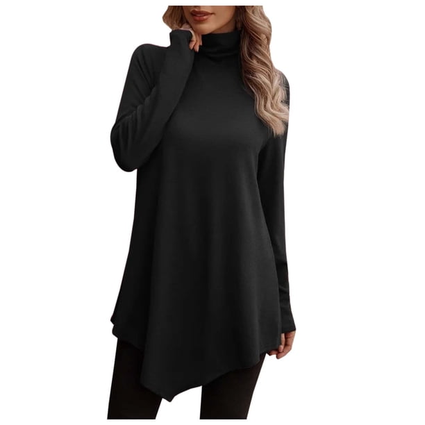 Top informal de manga larga, cuello alto y corte holgado de punto liso para mujer, tallas grandes