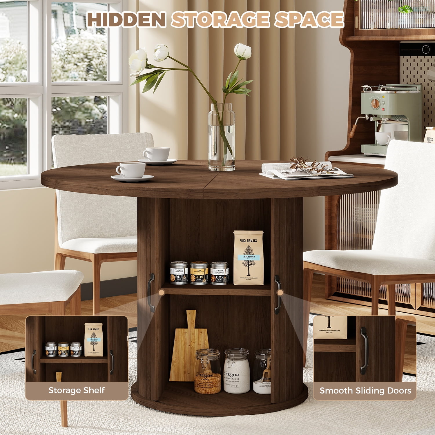BaPiPro 47-Inch Large Round Dining Table for 4 Person, Modern Farmhouse Kitchen Table with Hidden Storage for Dining Room, Rustic Brown