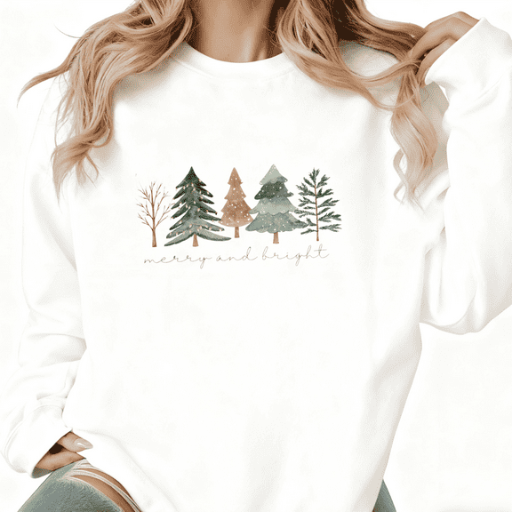 White "Merry And Bright" Christmas Tree Graphic Print Sweatshirt S-3XL Holiday Casual Graphic Sweatshirt Tops