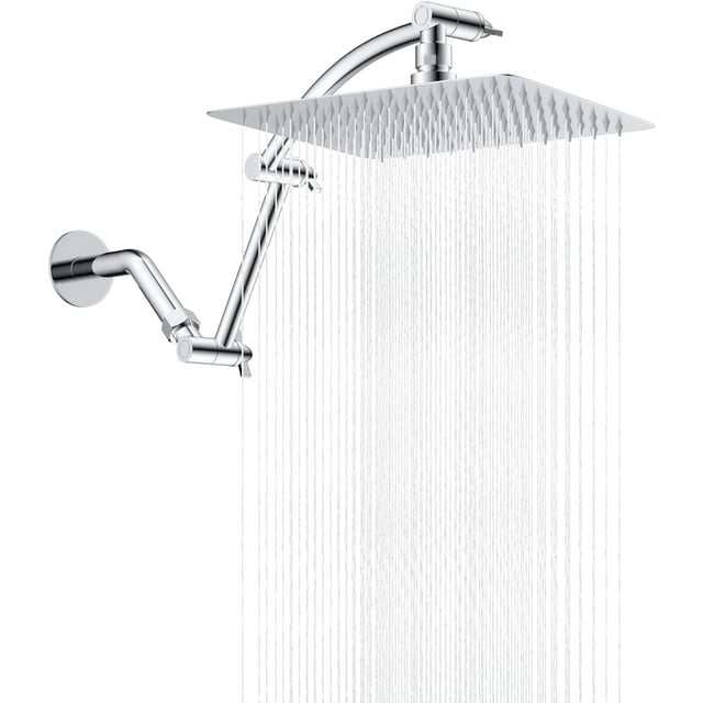 Hibbent All Metal Rain Shower Head, 10'' High Pressure Rainfall Square Showerhead with 16" Shower Head Extension Arm, Solid Brass Adjustable Shower Arm Extender, Waterfall Fixed Showerheads, Chrome