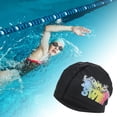 thumbnail image 2 of Gorro de natación de patrón de letras elástico de PU tejido único 1 Pc negro, 2 of 5