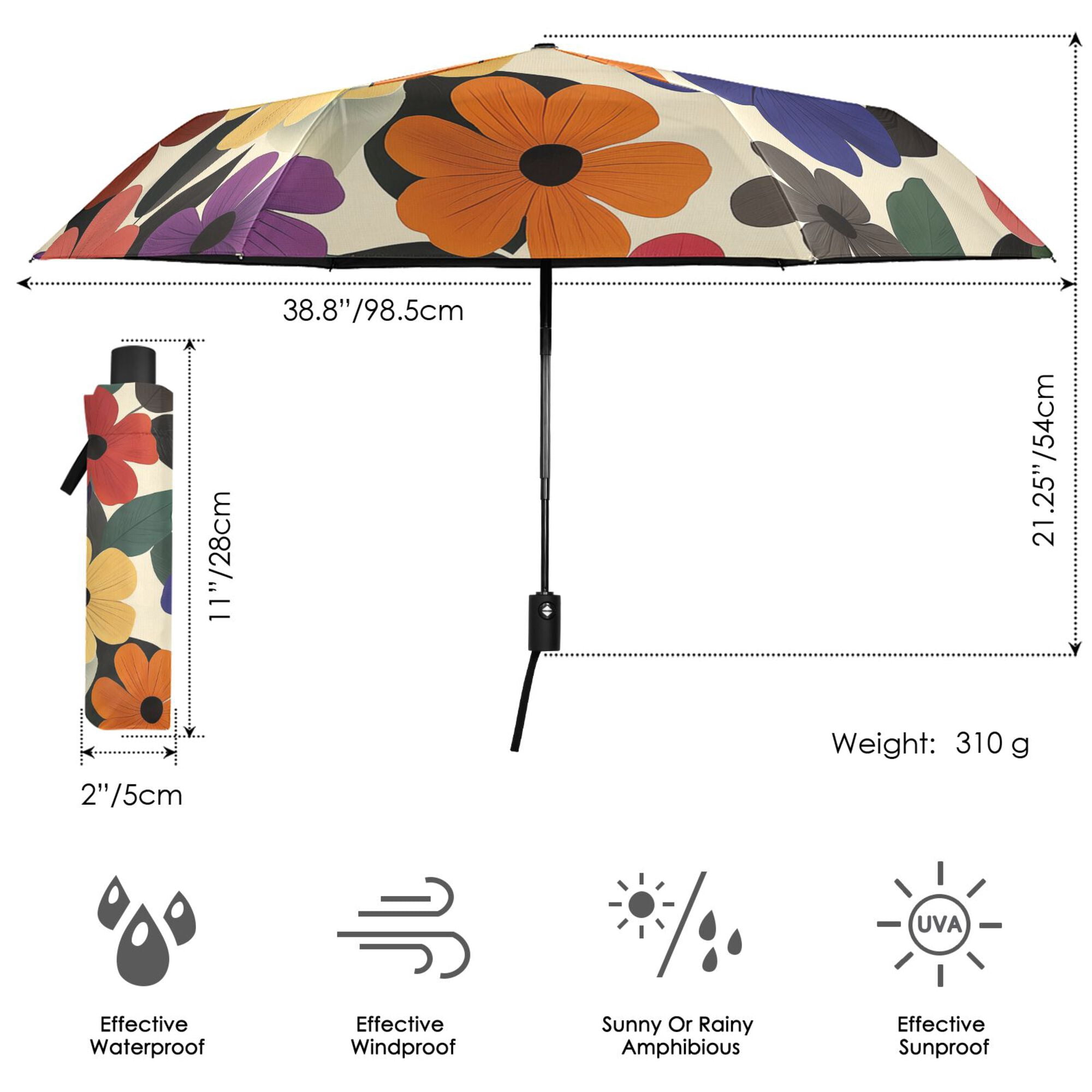 FORMRS Travel Umbrella Folding Auto Open Close Windproof Rain UV Protection, Large Colorful Flowers Pattern