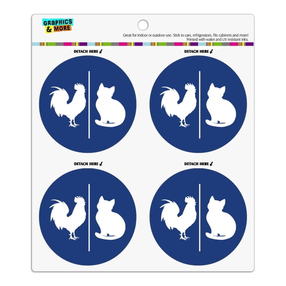 Unisex Men and Women Restroom Sign With Rooster and Cat Refrigerator Fridge Locker Vinyl Circle Magnet Set
