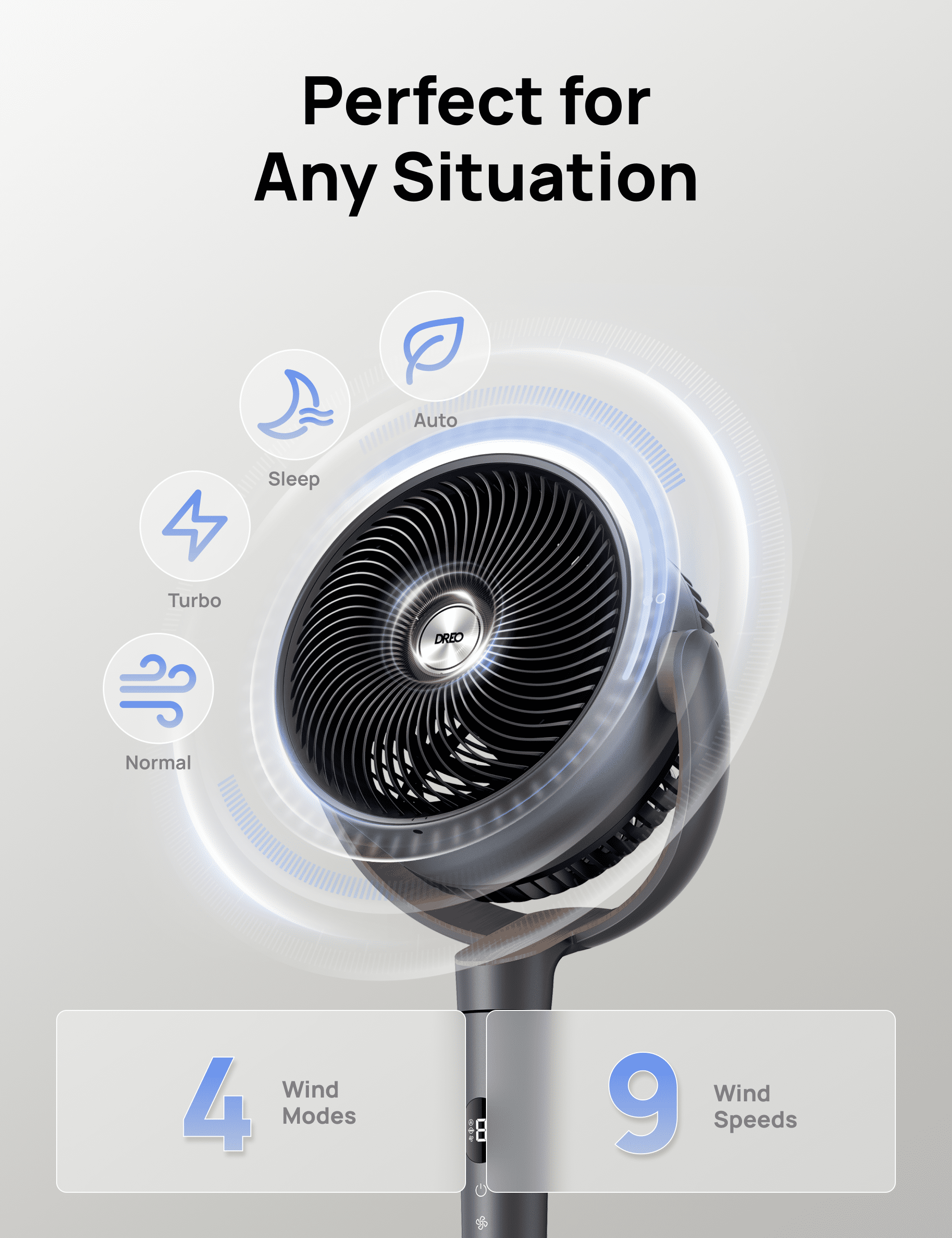 DREO 93ft Pedestal Fans for Home, 20dB Ultra Quiet Fan for Bedroom, 120° Oscillating fan, 9 Speeds, 4 modes, 8H Timer Standing Floor Fan with Remote, 35-40 inch Adjustable Height