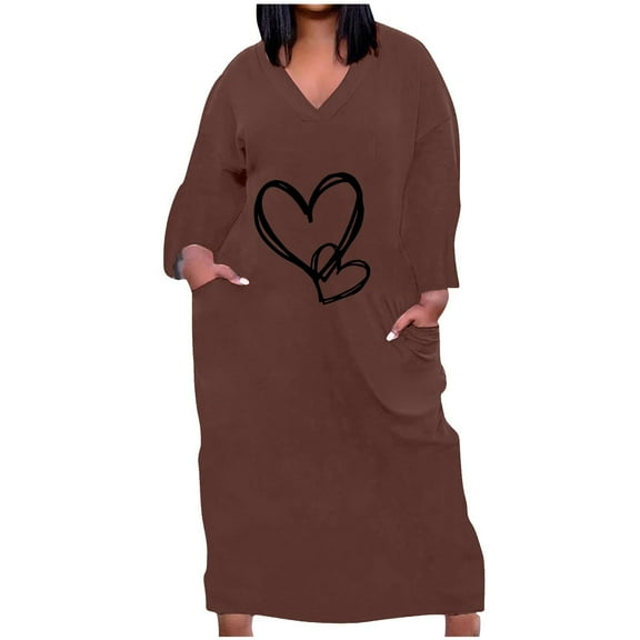 Generic Womens Plus Size Curvy Dresses Long Sleeve Heart Print Graphic Tee Shirts Dress Casual Loose Maxi Long Tshirt Dress