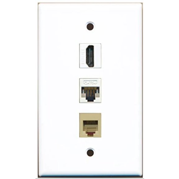 RiteAV - 1 Port HDMI and 1 Port Phone RJ11 RJ12 Beige and 1 Port Cat5e Ethernet White Wall Plate