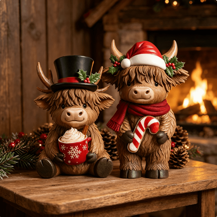 Highland Cow Figurines with Hot Cocoa and Candy Cane Designs, Set of 2, Brown Resin, for Farmhouse Christmas Decor, Tabletop Decorations