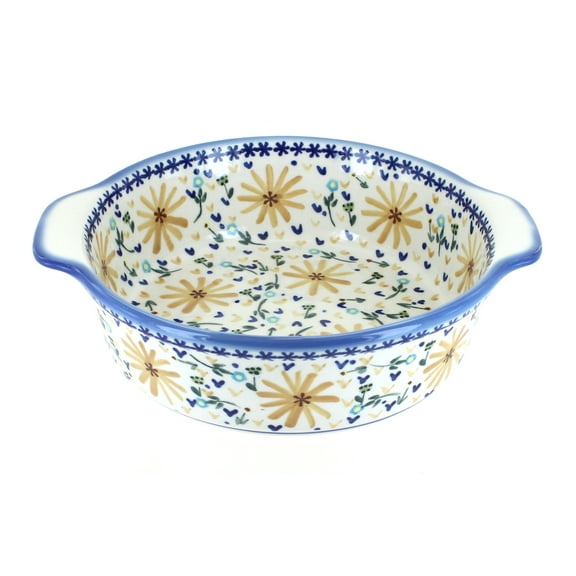 Blue Rose Polish Pottery Yellow Daisy Round Baker