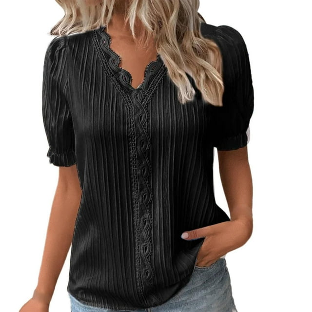 Lenpel Women's Summer Tops Plus Size Ruffle Short Sleeve V Neck Lace Trim Textured Shirts Dressy Casual Blouses