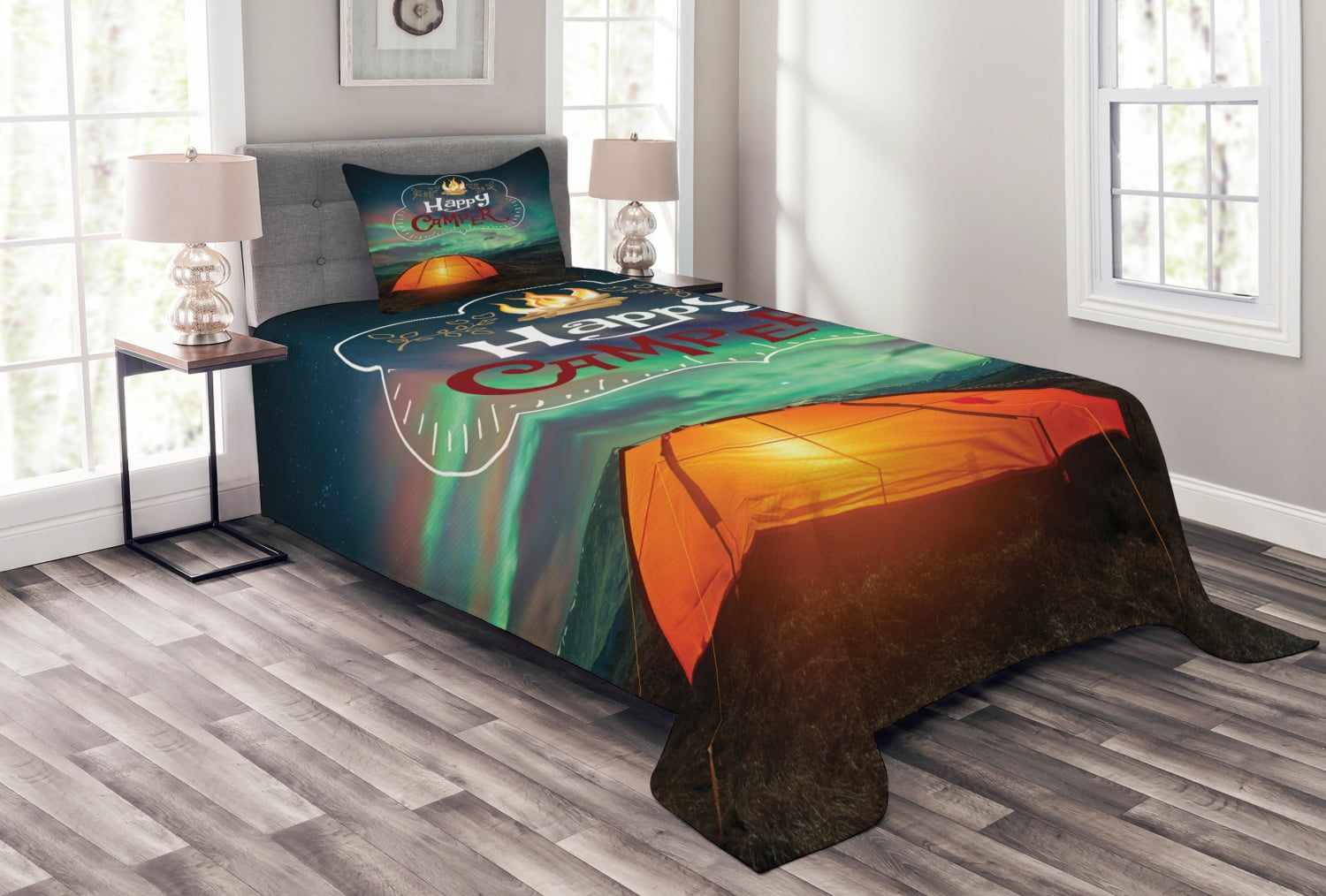 Happy Camper Bedspread Set, Camping Themed Tent under Aurora Borealis ...