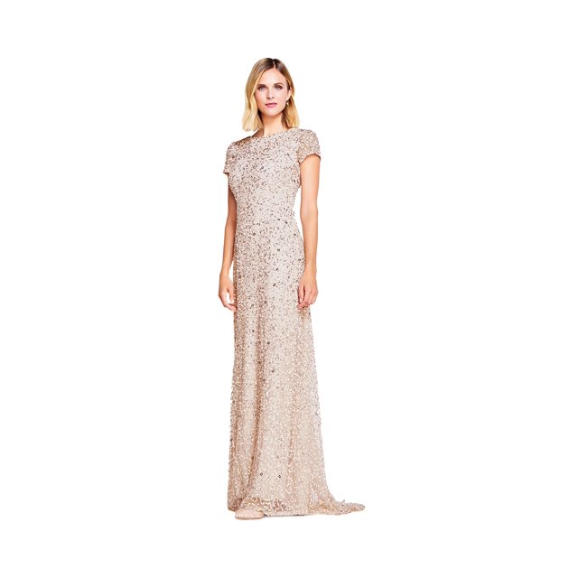 Adrianna Papell Robe à Paillettes Intégrales à Manches Courtes pour Femme, Rose Poudré, 10