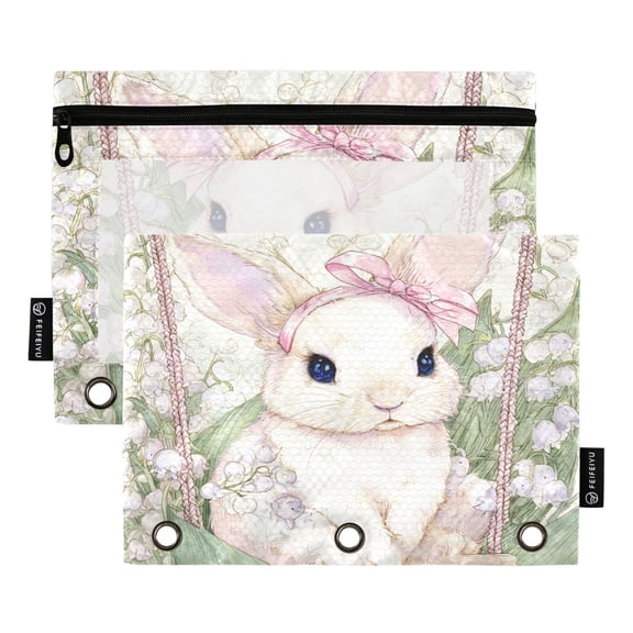 2 Pack 3 Ring Binder Pouch with Clear PVC Window Water Resistant Zipper Pencil Pouch Sweet Swing Bunny Binder Pocket for Classroom Office Home Stationery Organization