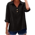 thumbnail image 4 of ManxiVoo V Neck Button Down Blouse for Women 3/4 Sleeve Cotton Linen Shirt Breezy Summer Tops Relaxed Fit Casual Office Wear M Size Black, 4 of 9