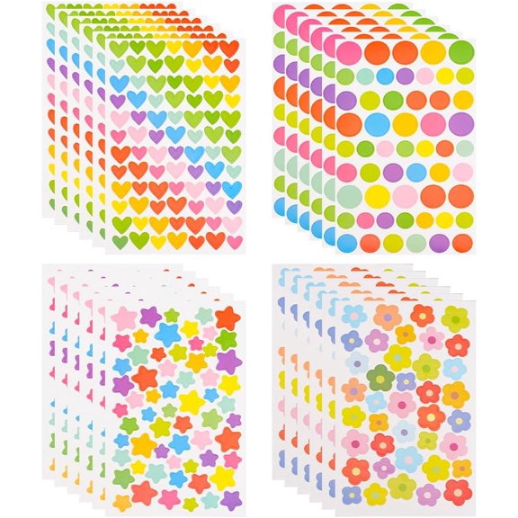 24 Sheets 4 Styles Self-Adhesive Stickers Heart Star Sticker Dot Stickers Flower Laptop Stickers for Scrapbooking Laptop Gifts Boxes Decoration DIY Arts Crafts colorful