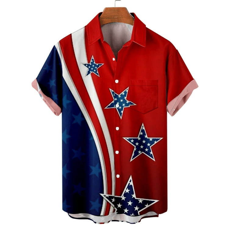Dovford 4th of July Shirts for Mens American Flag Shirt Casual Button Down Short Sleeve Aloha Shirt Retro Vintage Summer Tops, Men's, Size: XL, Blue