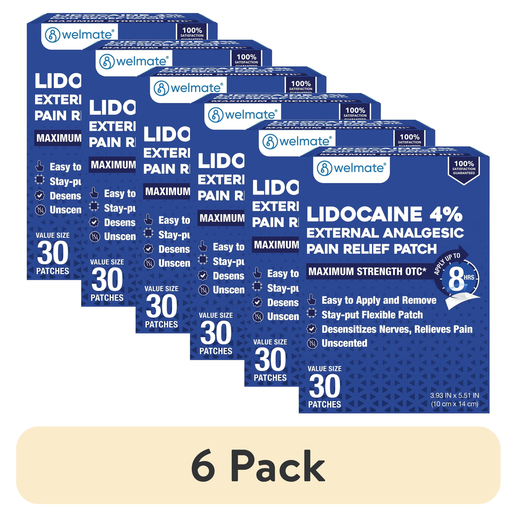 (6 pack) WELMATE Pain Management, Lidocaine 4% Pain Relief Patches, Maximum Strength, 30 Count