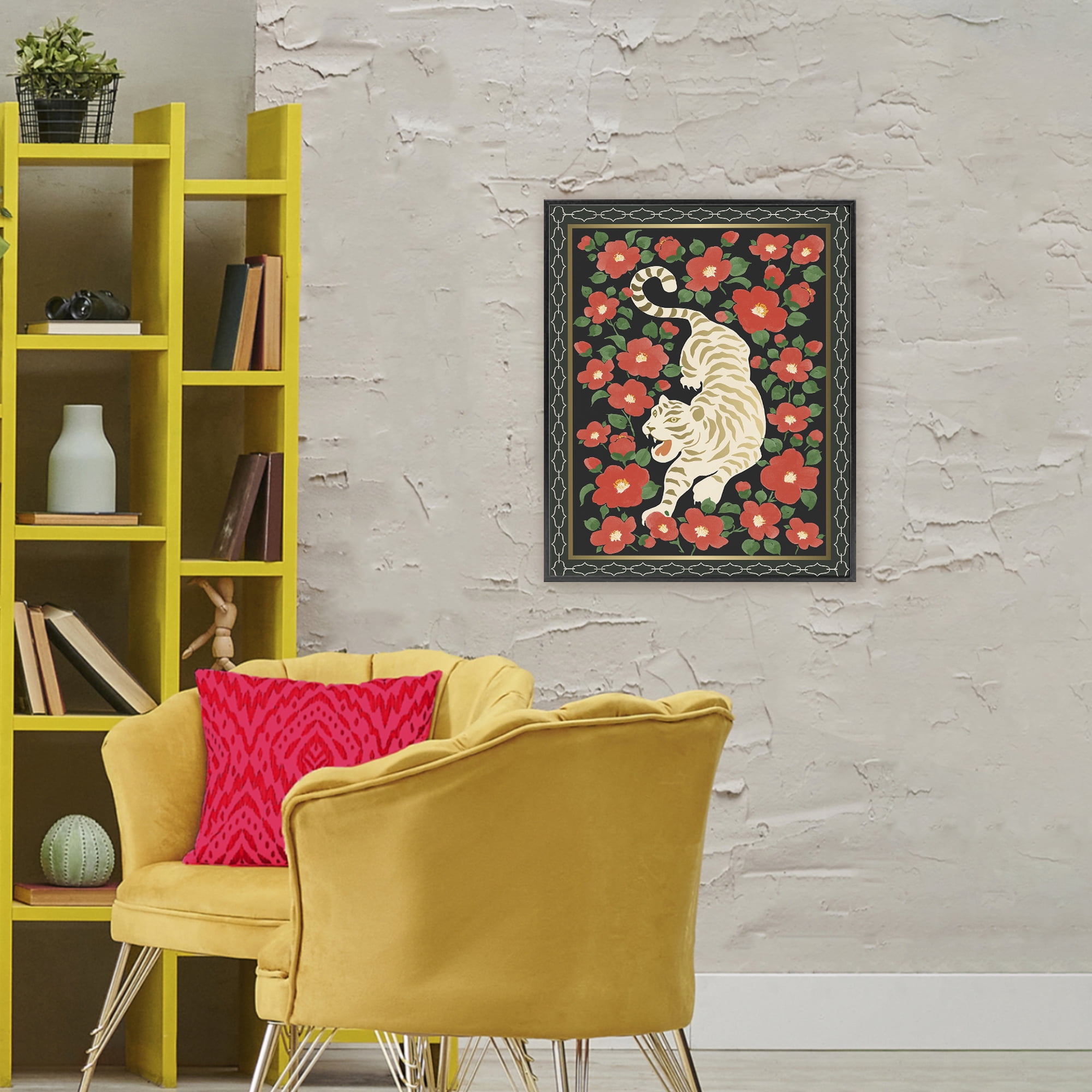 Stupell Industries Ivory Tiger Among Camelias Black Framed Giclee Art, design by Karolina Sato