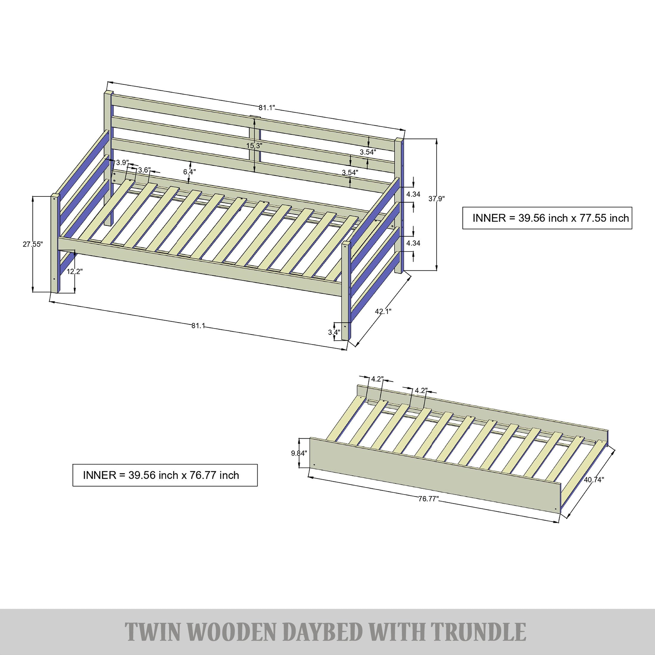 Castle Place Classic Twin Size Wooden Daybed with Trundle, Light Oak