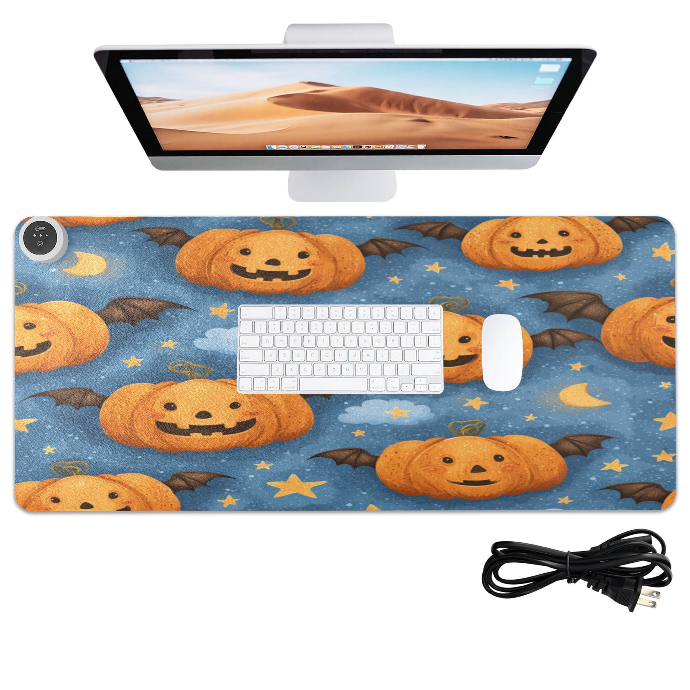 Large Heated Desk Mat Mouse Pad 31.5"x13"PU Leather Graphene Heating Desk Warmer with 3 Temperature Settings 110V US Plug Non-Slip Warm Pad for Home, Office, and Gaming Spooky Evil Pumpkin Designs