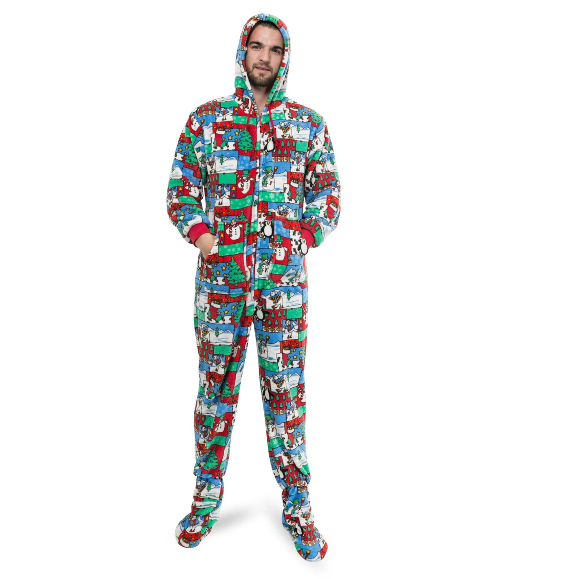 Ugly Christmas Sweater Plush Hoodie Adult Footed One Piece Sleeper Pajamas Big Feet Pajama Multi S