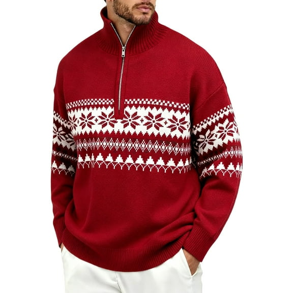 Men's Christmas Knit Half Zip Mockneck Sweater Coat Thermal Fit Fair Isle Patterned Knitwear Winter Outerwear Red L