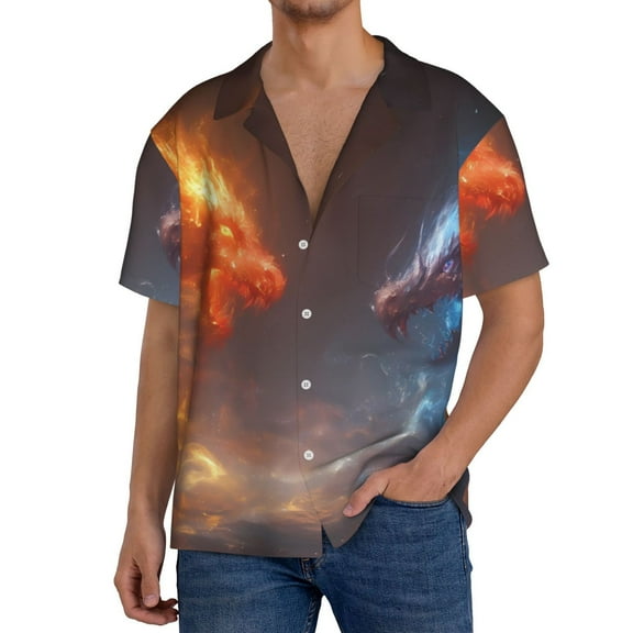 Logiee Red And Blue Fire Dragon D Print Men's Button Down Shirts Short Sleeve, Summer Beach Shirts,Vacation Wedding Shirts,Men's Casual Button-Down Shirts with Pocket-Small