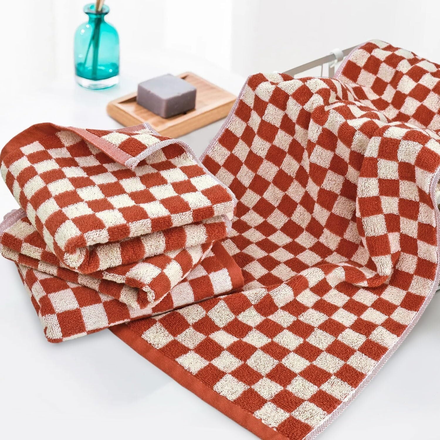 Hand Towels for Bathroom 4 Pack, Cotton Face Towels Soft Absorbent for Spa Bath Gym Kitchen, Hand Towel Set Decorative Checkered, 13 x 29 Inches, 4 Colors