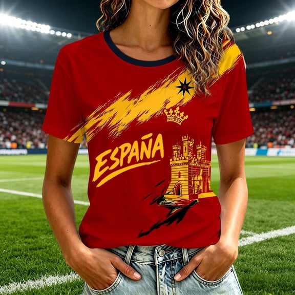 Womens Soccer Shirt Spain Raglan Tops Short Sleeve Spanish Print Round Neck Casual T Shirt Top Sports Fan Casual Tops Tee L