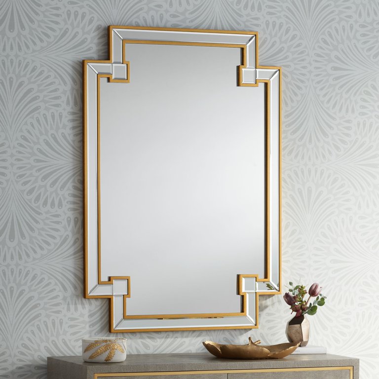 Noble Park Rectangular Vanity Wall Mirror Vintage Gold Leaf Beveled Mirrored Tile Frame 27 Wide For Bathroom Bedroom Living Room Com Rectangular Vanity Wall Mirror Vintage, Antique Gold Vanity Mirror