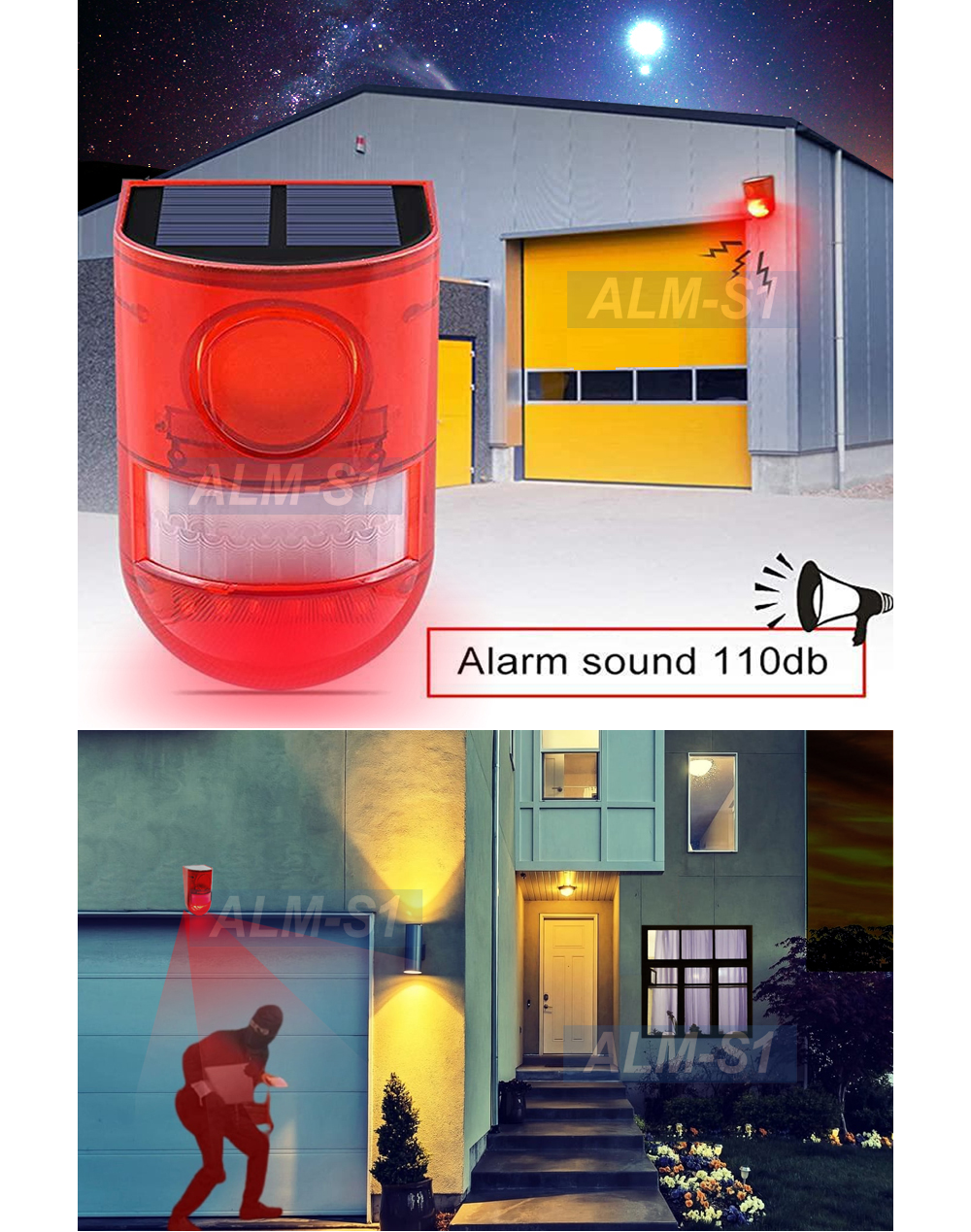 Solar Powered Motion Sensor Outdoor Indoor Alarm With Loud Siren Sound Strobe Light 5366