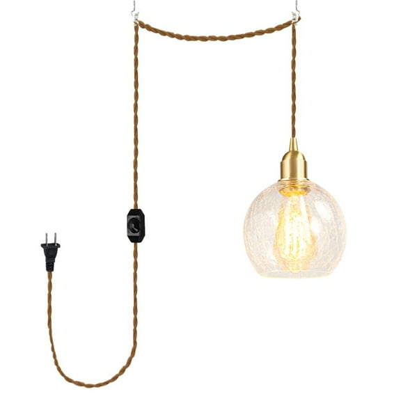 KAYYELAMP 15ft Plug in Dimmable Cord Pendant Light E26 Brass Base Crack Glass Shade Nordic Style Hanging Light Modern Decor for Kitchen Home Office 1 Pcs(No Bulb)