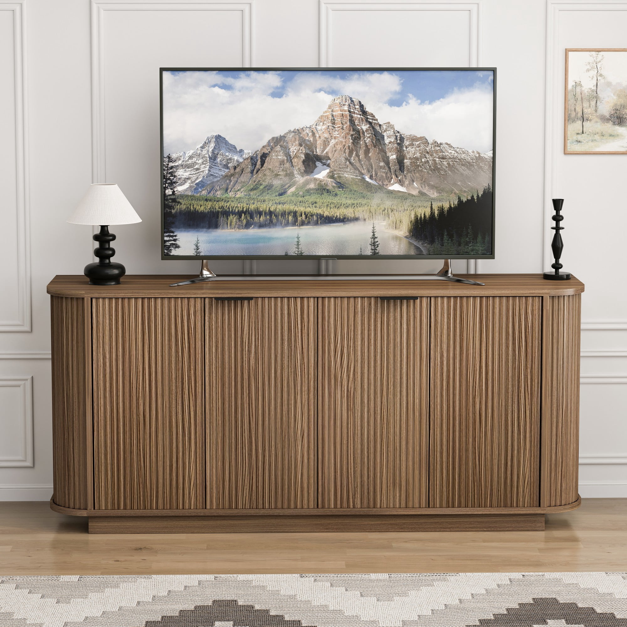 BSHTI 63" MDF Buffet Cabinet with Wavy Door Design, Adjustable Shelves, Sideboard Storage for Kitchen Living Room Dining（Brown）