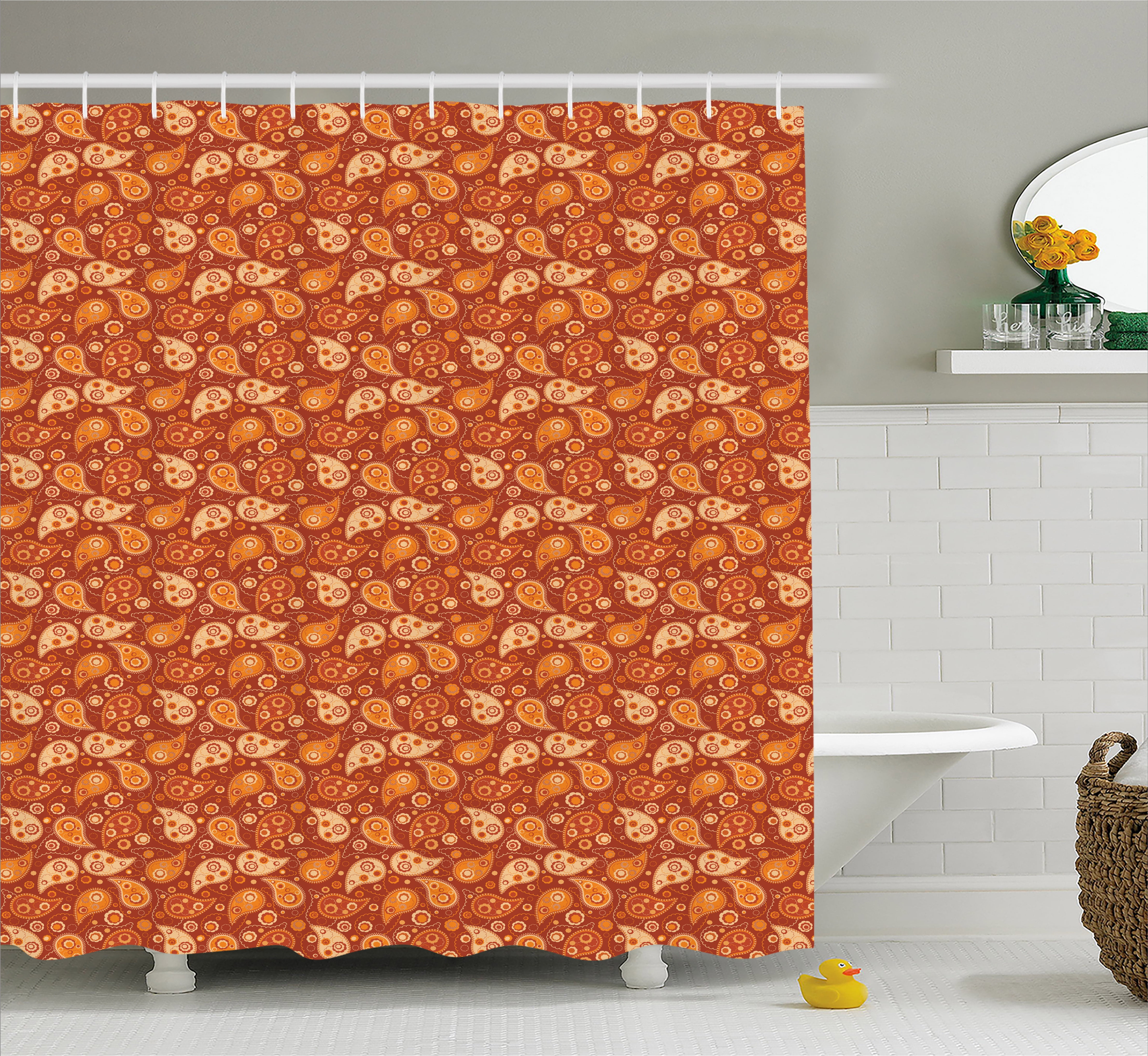 Orange Shower Curtain, Retro Style Pattern with Paisley and Flowers