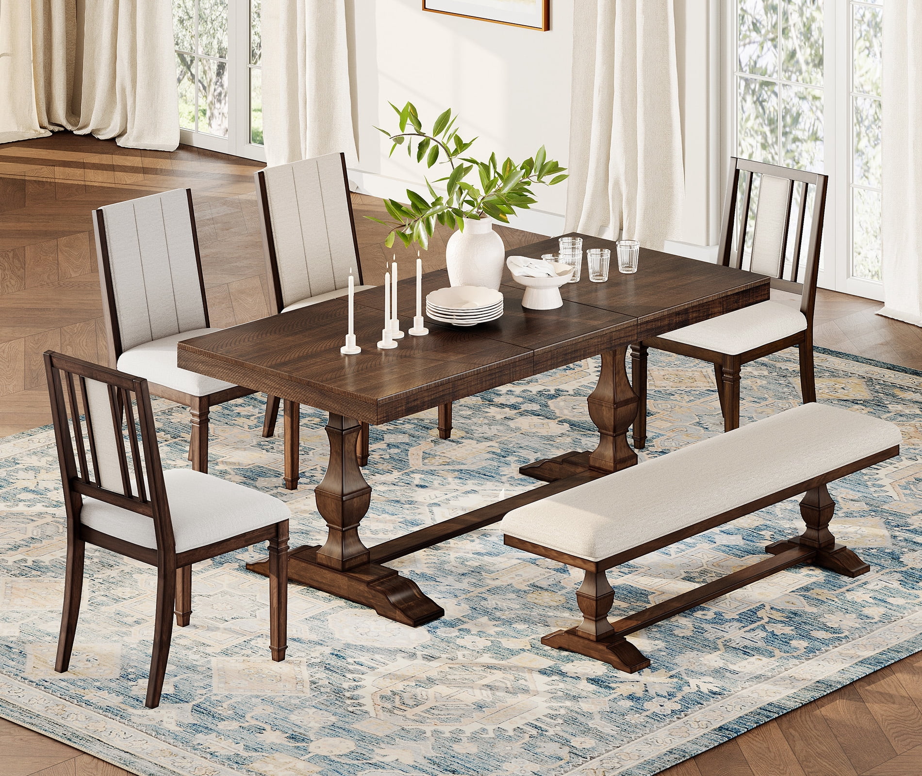 WAMPAT 6-pieces Farmhouse Dinning Table,74.8" Kitchen Table Set with 4 Chairs and Bench for 6-8, Solid Wood Legs and Cushion Seat for Kitchen & Living Room,Rustic Brown