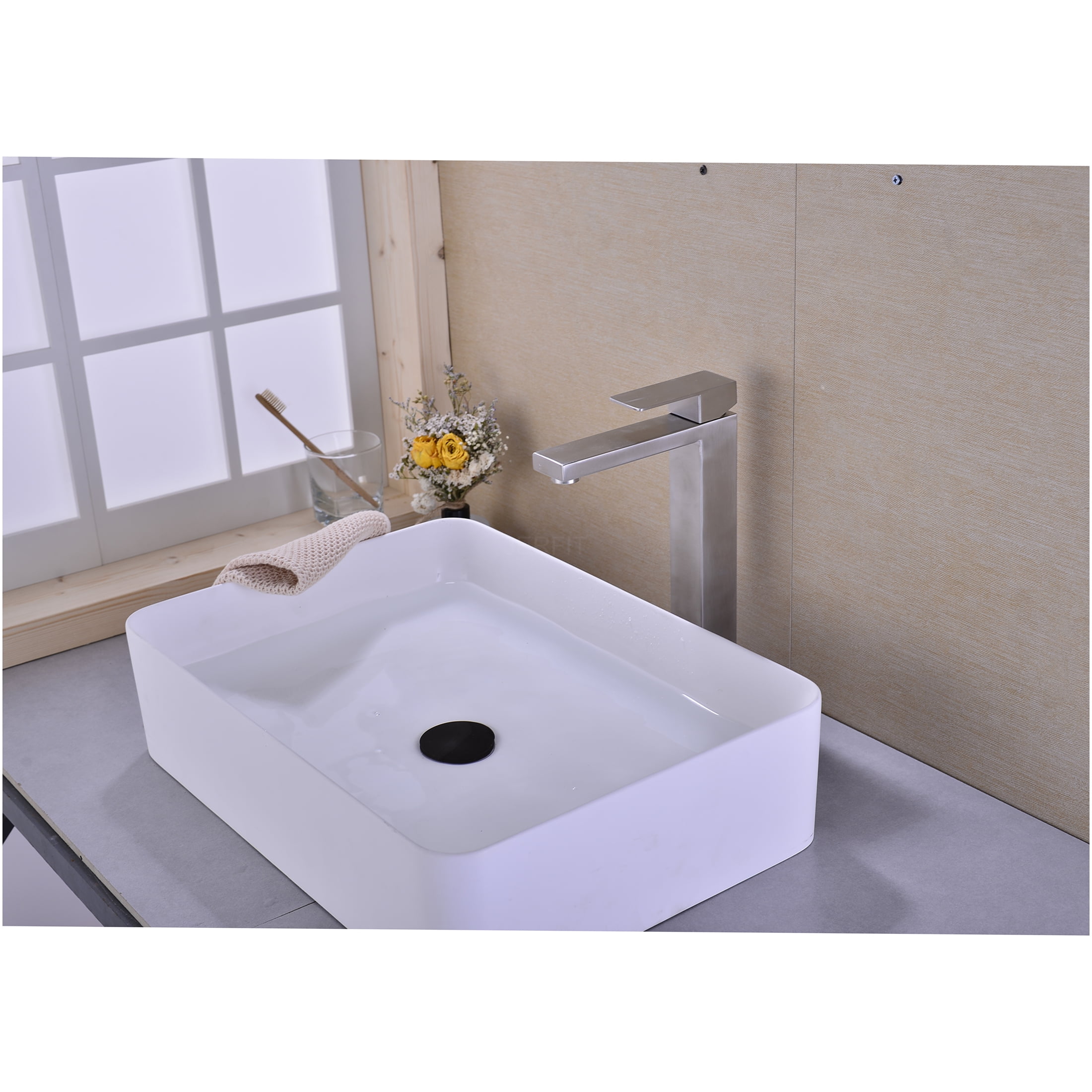 JERFIT Brushed Nickel Single Hole Bathroom Sink Faucet with Pop Up Drain, No-Overflow, Stainless Steel 1-Handle Vessel Lavatory Faucet