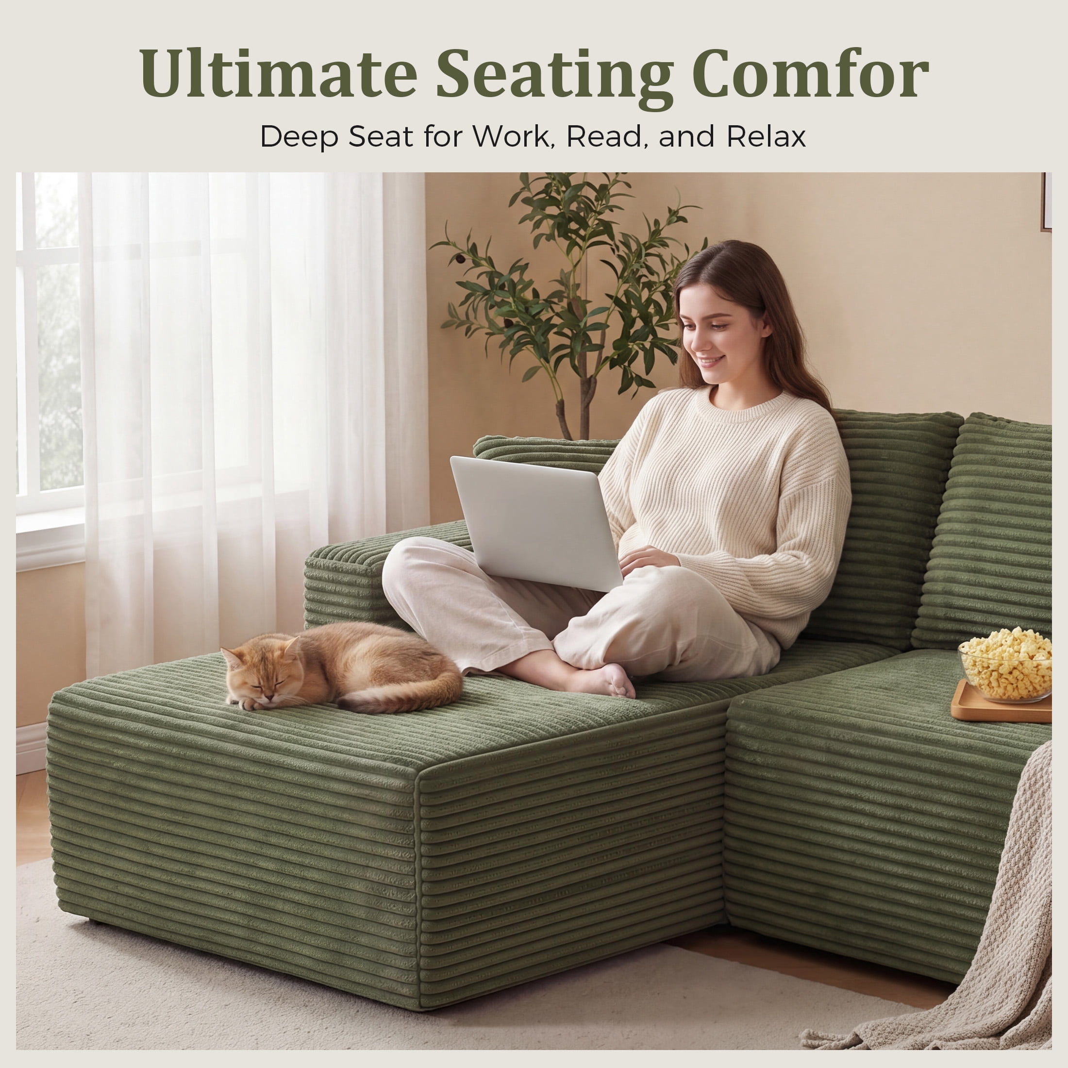 Aenkyo 106 Inch Corduroy L-Shaped Cloud Sectional Sofa with Reversible Chaise, Green