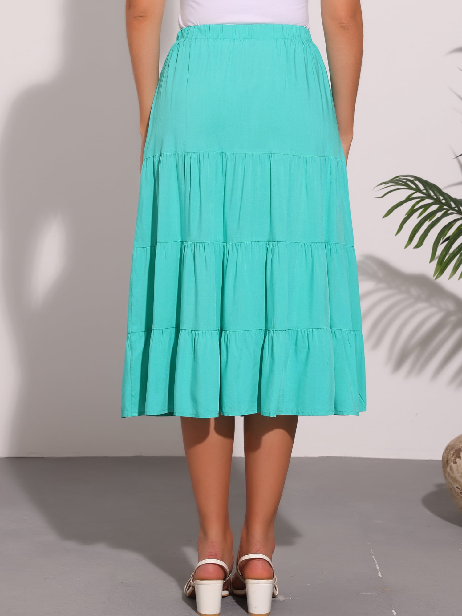 DARING DIVA Women's Midi Tiered Pleated Elastic Waist A-Line Skirt XL Teal