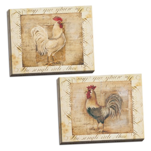 Beige Rustic Rooster Country Kitchen Set; 2-10x8" Stretched Canvases