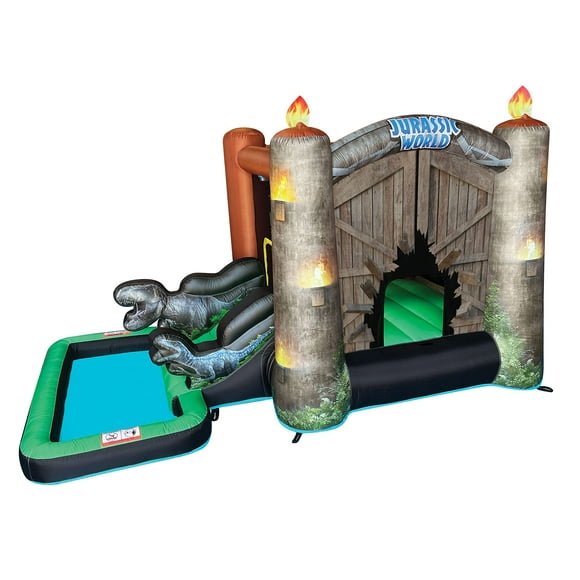 Funormous Jurassic World Dinosaur Inflatable Bounce House Water Slide with Pool, Air Blower with GFCI for Kids Ages 3-8