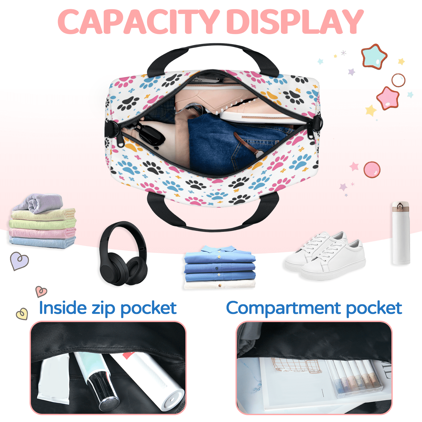 Herdesigns Cute Dog Paws Print Gym Bag for Women, Duffle Bag for Travel Sport, Lightweight Waterproof Carry on Weekender Overnight Dance Yoga Workout Bags