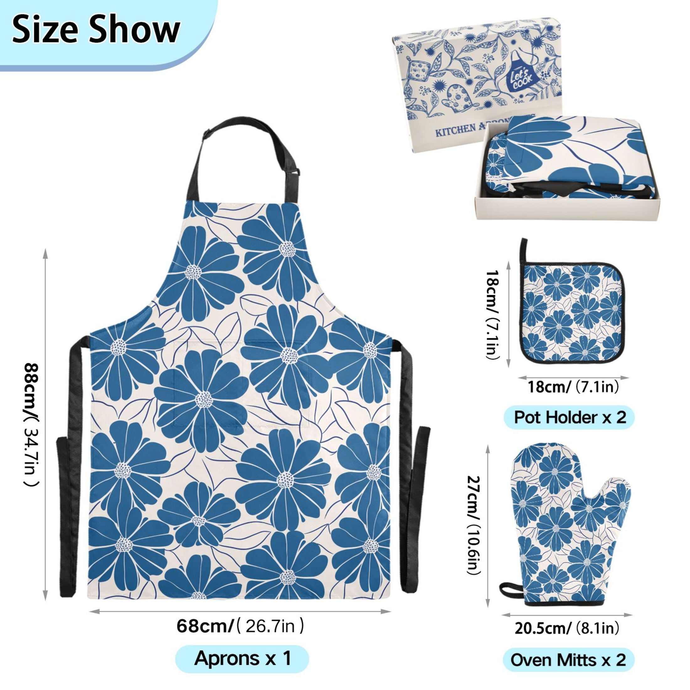Blue Flowers with Petals 5 Pcs Kitchen Set Heat Resistant Oven Mitts and Non-Slip Pot Holders with Adjustable Cooking Apron